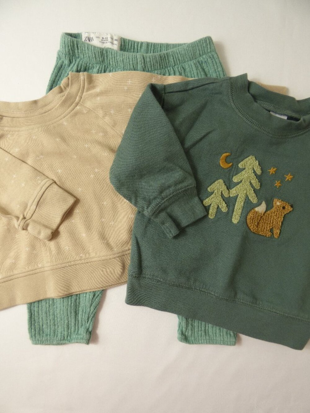 Colored Organics Crewneck, Carters Green Fox & Tree Sweatshirt & Green Pants Set